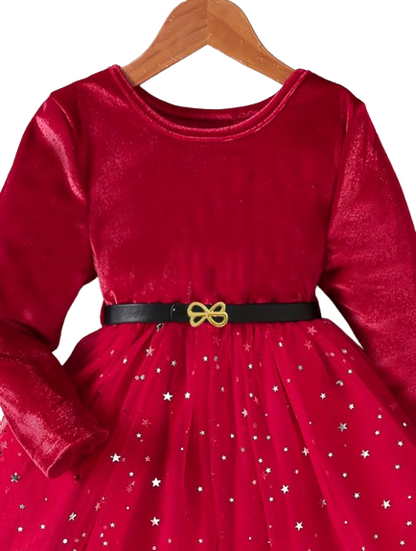 The Bridget - Girls Velvet Mesh Dress – Long Sleeve Star & Moon Sequin Party Dress with Belt