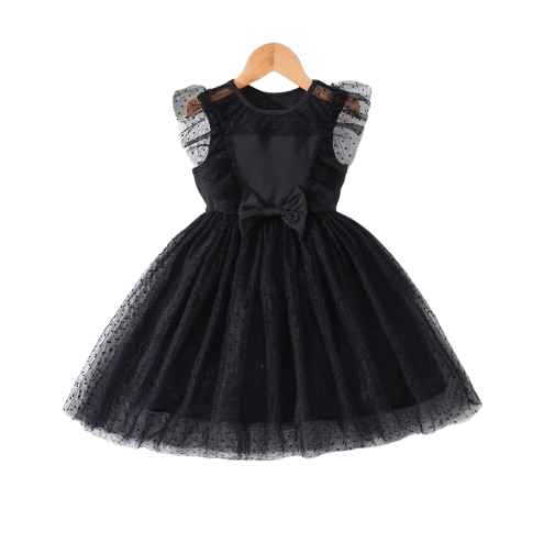 The Gwen - Girls Summer Polka Dot Velvet Mesh Dress – Flutter Sleeve Bow Princess Party Dress