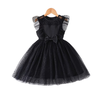 The Gwen - Girls Summer Polka Dot Velvet Mesh Dress – Flutter Sleeve Bow Princess Party Dress