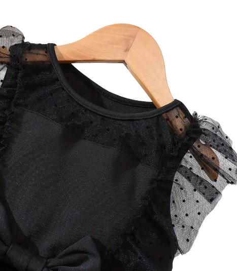 The Gwen - Girls Summer Polka Dot Velvet Mesh Dress – Flutter Sleeve Bow Princess Party Dress