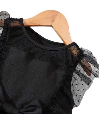 The Gwen - Girls Summer Polka Dot Velvet Mesh Dress – Flutter Sleeve Bow Princess Party Dress