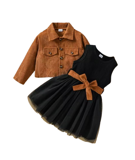The Theodora - Girls' Fall & Winter Outfit Set – Long Sleeve Dress with Solid Jacket Coat, Kids Clothing Set