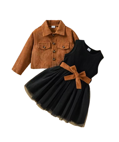 The Theodora - Girls' Fall & Winter Outfit Set – Long Sleeve Dress with Solid Jacket Coat, Kids Clothing Set