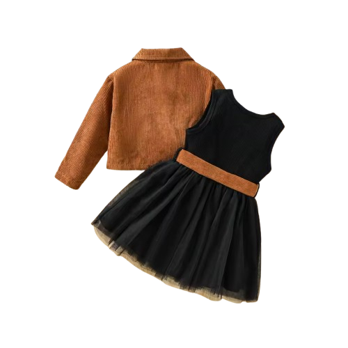 The Theodora - Girls' Fall & Winter Outfit Set – Long Sleeve Dress with Solid Jacket Coat, Kids Clothing Set