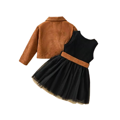 The Theodora - Girls' Fall & Winter Outfit Set – Long Sleeve Dress with Solid Jacket Coat, Kids Clothing Set