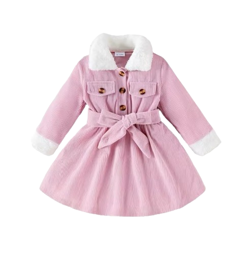 The Keilani - Baby Girls' Winter Dress Set – Pink Corduroy Dress with Fur Collar, Fur Sleeves, Belt & Hat, 3-Piece Toddler Outfit