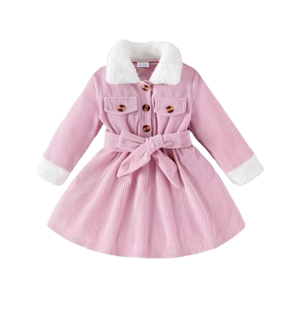 The Keilani - Baby Girls' Winter Dress Set – Pink Corduroy Dress with Fur Collar, Fur Sleeves, Belt & Hat, 3-Piece Toddler Outfit