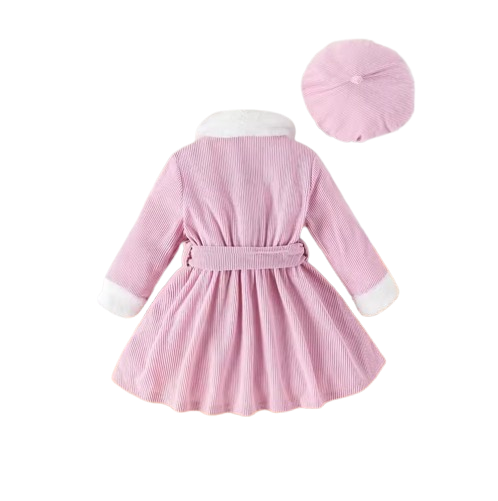 The Keilani - Baby Girls' Winter Dress Set – Pink Corduroy Dress with Fur Collar, Fur Sleeves, Belt & Hat, 3-Piece Toddler Outfit