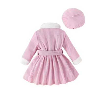 The Keilani - Baby Girls' Winter Dress Set – Pink Corduroy Dress with Fur Collar, Fur Sleeves, Belt & Hat, 3-Piece Toddler Outfit