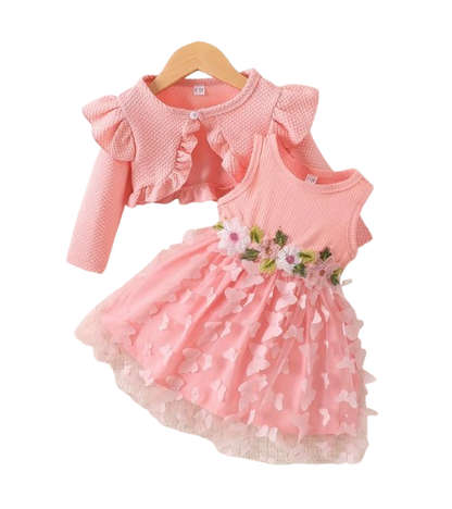 The Kathryn - Baby Girls' Dress & Coat Set – Long Sleeve Ruffle Waffle Coat with Princess Butterfly Flower Dress, Newborn & Toddler Outfit