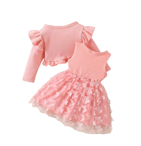 The Kathryn - Baby Girls' Dress & Coat Set – Long Sleeve Ruffle Waffle Coat with Princess Butterfly Flower Dress, Newborn & Toddler Outfit