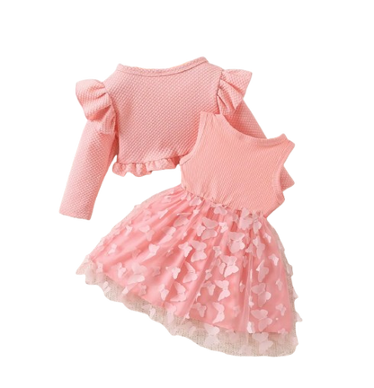 The Kathryn - Baby Girls' Dress & Coat Set – Long Sleeve Ruffle Waffle Coat with Princess Butterfly Flower Dress, Newborn & Toddler Outfit