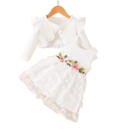 The Kathryn - Baby Girls' Dress & Coat Set – Long Sleeve Ruffle Waffle Coat with Princess Butterfly Flower Dress, Newborn & Toddler Outfit