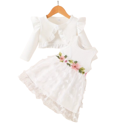 The Kathryn - Baby Girls' Dress & Coat Set – Long Sleeve Ruffle Waffle Coat with Princess Butterfly Flower Dress, Newborn & Toddler Outfit