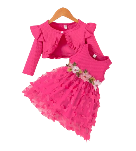 The Kathryn - Baby Girls' Dress & Coat Set – Long Sleeve Ruffle Waffle Coat with Princess Butterfly Flower Dress, Newborn & Toddler Outfit