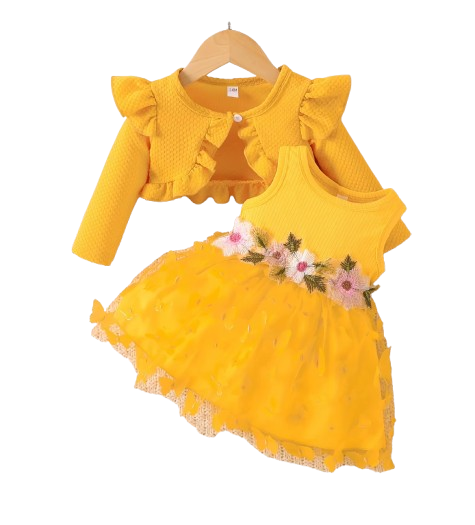 The Kathryn - Baby Girls' Dress & Coat Set – Long Sleeve Ruffle Waffle Coat with Princess Butterfly Flower Dress, Newborn & Toddler Outfit