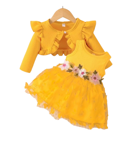 The Kathryn - Baby Girls' Dress & Coat Set – Long Sleeve Ruffle Waffle Coat with Princess Butterfly Flower Dress, Newborn & Toddler Outfit