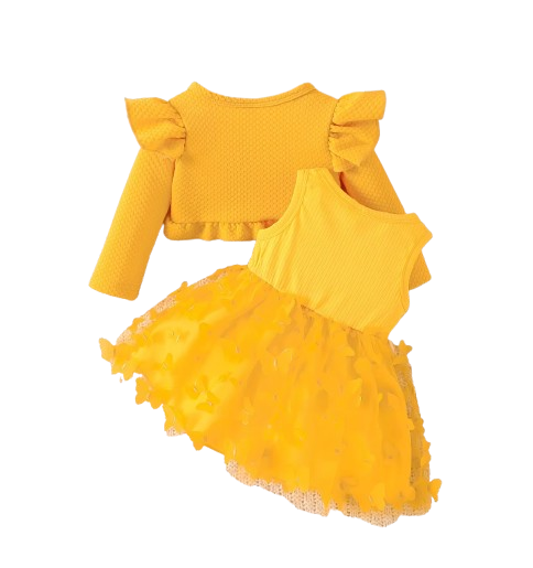 The Kathryn - Baby Girls' Dress & Coat Set – Long Sleeve Ruffle Waffle Coat with Princess Butterfly Flower Dress, Newborn & Toddler Outfit