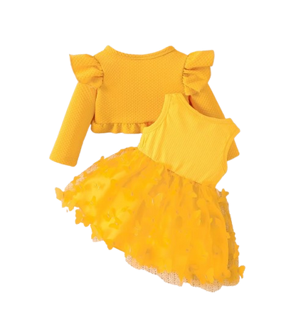The Kathryn - Baby Girls' Dress & Coat Set – Long Sleeve Ruffle Waffle Coat with Princess Butterfly Flower Dress, Newborn & Toddler Outfit