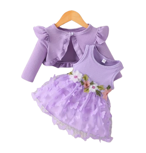 The Kathryn - Baby Girls' Dress & Coat Set – Long Sleeve Ruffle Waffle Coat with Princess Butterfly Flower Dress, Newborn & Toddler Outfit