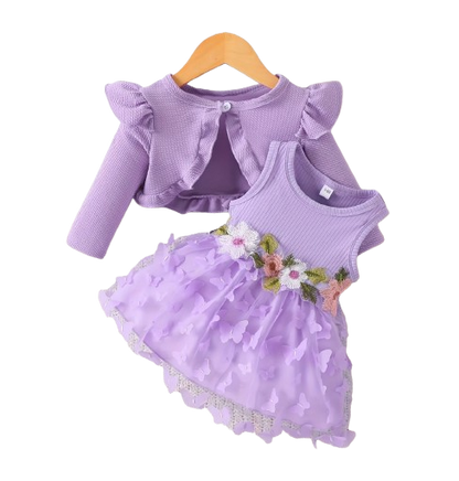 The Kathryn - Baby Girls' Dress & Coat Set – Long Sleeve Ruffle Waffle Coat with Princess Butterfly Flower Dress, Newborn & Toddler Outfit