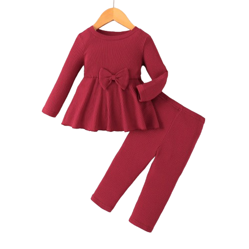The Iliana - Girls' Wine Red Ribbed Knit Outfit Set with Big Bow – Korean-Style Toddler Girl Clothing