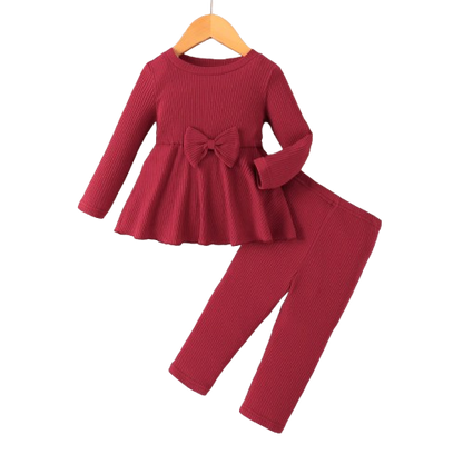 The Iliana - Girls' Wine Red Ribbed Knit Outfit Set with Big Bow – Korean-Style Toddler Girl Clothing