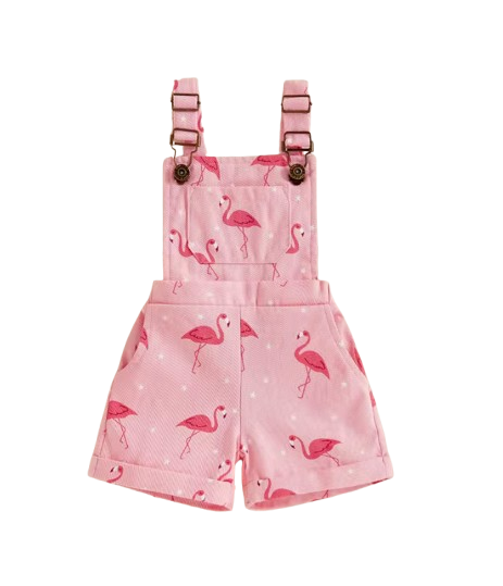 The Monica - Baby Girls' Denim Romper – Flamingo Print Sleeveless Summer Overalls, Casual Toddler Jumpsuit