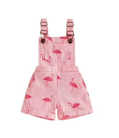 The Monica - Baby Girls' Denim Romper – Flamingo Print Sleeveless Summer Overalls, Casual Toddler Jumpsuit