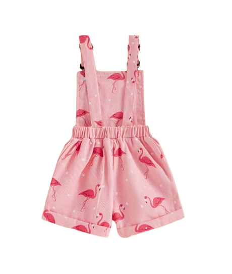 The Monica - Baby Girls' Denim Romper – Flamingo Print Sleeveless Summer Overalls, Casual Toddler Jumpsuit