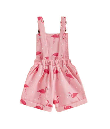 The Monica - Baby Girls' Denim Romper – Flamingo Print Sleeveless Summer Overalls, Casual Toddler Jumpsuit