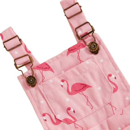 The Monica - Baby Girls' Denim Romper – Flamingo Print Sleeveless Summer Overalls, Casual Toddler Jumpsuit