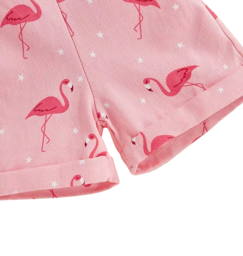 The Monica - Baby Girls' Denim Romper – Flamingo Print Sleeveless Summer Overalls, Casual Toddler Jumpsuit
