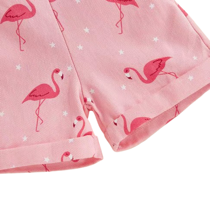 The Monica - Baby Girls' Denim Romper – Flamingo Print Sleeveless Summer Overalls, Casual Toddler Jumpsuit