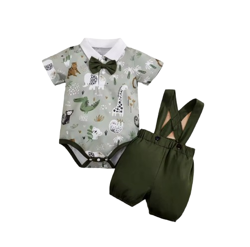 The Ozias - Baby Boys' 2-Piece Summer Outfit Set – Bear Print Short Sleeve Top & Strap Shorts, Cute Toddler Clothing