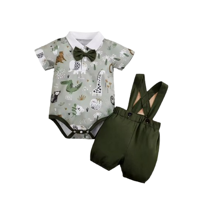 The Ozias - Baby Boys' 2-Piece Summer Outfit Set – Bear Print Short Sleeve Top & Strap Shorts, Cute Toddler Clothing