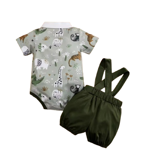 The Ozias - Baby Boys' 2-Piece Summer Outfit Set – Bear Print Short Sleeve Top & Strap Shorts, Cute Toddler Clothing