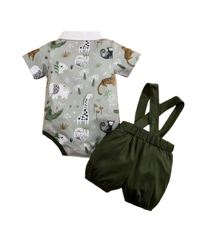 The Ozias - Baby Boys' 2-Piece Summer Outfit Set – Bear Print Short Sleeve Top & Strap Shorts, Cute Toddler Clothing