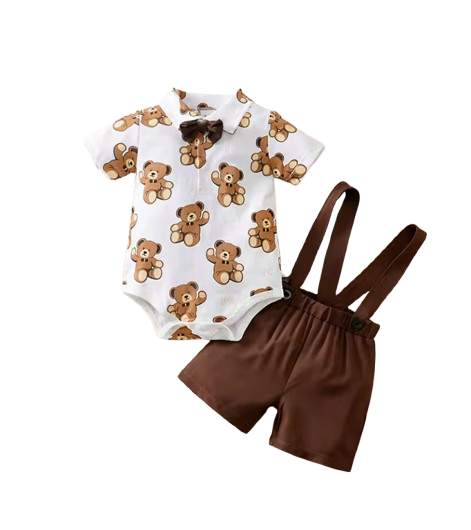 The Ozias - Baby Boys' 2-Piece Summer Outfit Set – Bear Print Short Sleeve Top & Strap Shorts, Cute Toddler Clothing
