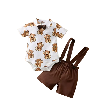 The Ozias - Baby Boys' 2-Piece Summer Outfit Set – Bear Print Short Sleeve Top & Strap Shorts, Cute Toddler Clothing