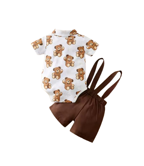 The Ozias - Baby Boys' 2-Piece Summer Outfit Set – Bear Print Short Sleeve Top & Strap Shorts, Cute Toddler Clothing