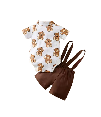The Ozias - Baby Boys' 2-Piece Summer Outfit Set – Bear Print Short Sleeve Top & Strap Shorts, Cute Toddler Clothing