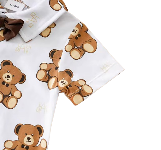 The Ozias - Baby Boys' 2-Piece Summer Outfit Set – Bear Print Short Sleeve Top & Strap Shorts, Cute Toddler Clothing