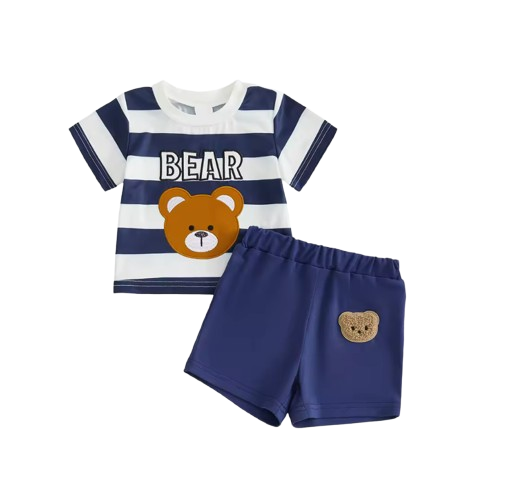 The Julien - Baby Boys' 2-Piece Summer Outfit Set – Bear Embroidered Striped T-Shirt & Elastic Waist Shorts