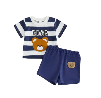 The Julien - Baby Boys' 2-Piece Summer Outfit Set – Bear Embroidered Striped T-Shirt & Elastic Waist Shorts