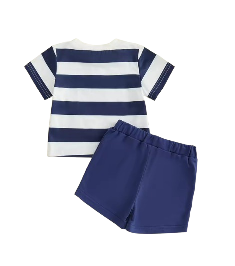 The Julien - Baby Boys' 2-Piece Summer Outfit Set – Bear Embroidered Striped T-Shirt & Elastic Waist Shorts