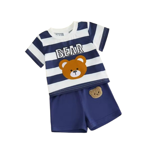 The Julien - Baby Boys' 2-Piece Summer Outfit Set – Bear Embroidered Striped T-Shirt & Elastic Waist Shorts