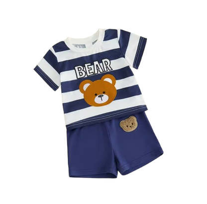 The Julien - Baby Boys' 2-Piece Summer Outfit Set – Bear Embroidered Striped T-Shirt & Elastic Waist Shorts