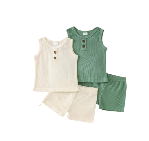 The Aarav - 4-Piece Unisex Baby Summer Outfit Set – Waffle Knit Henley Tank Tops & Elastic Waist Shorts, Neutral Style