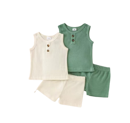 The Aarav - 4-Piece Unisex Baby Summer Outfit Set – Waffle Knit Henley Tank Tops & Elastic Waist Shorts, Neutral Style